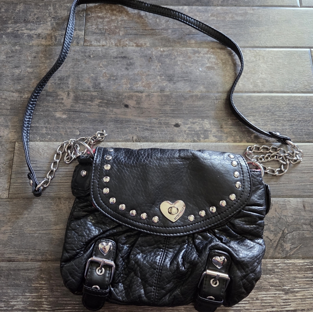 Betsy Johnson Black Quilted Leather Crossbody Bag with Heart Accent